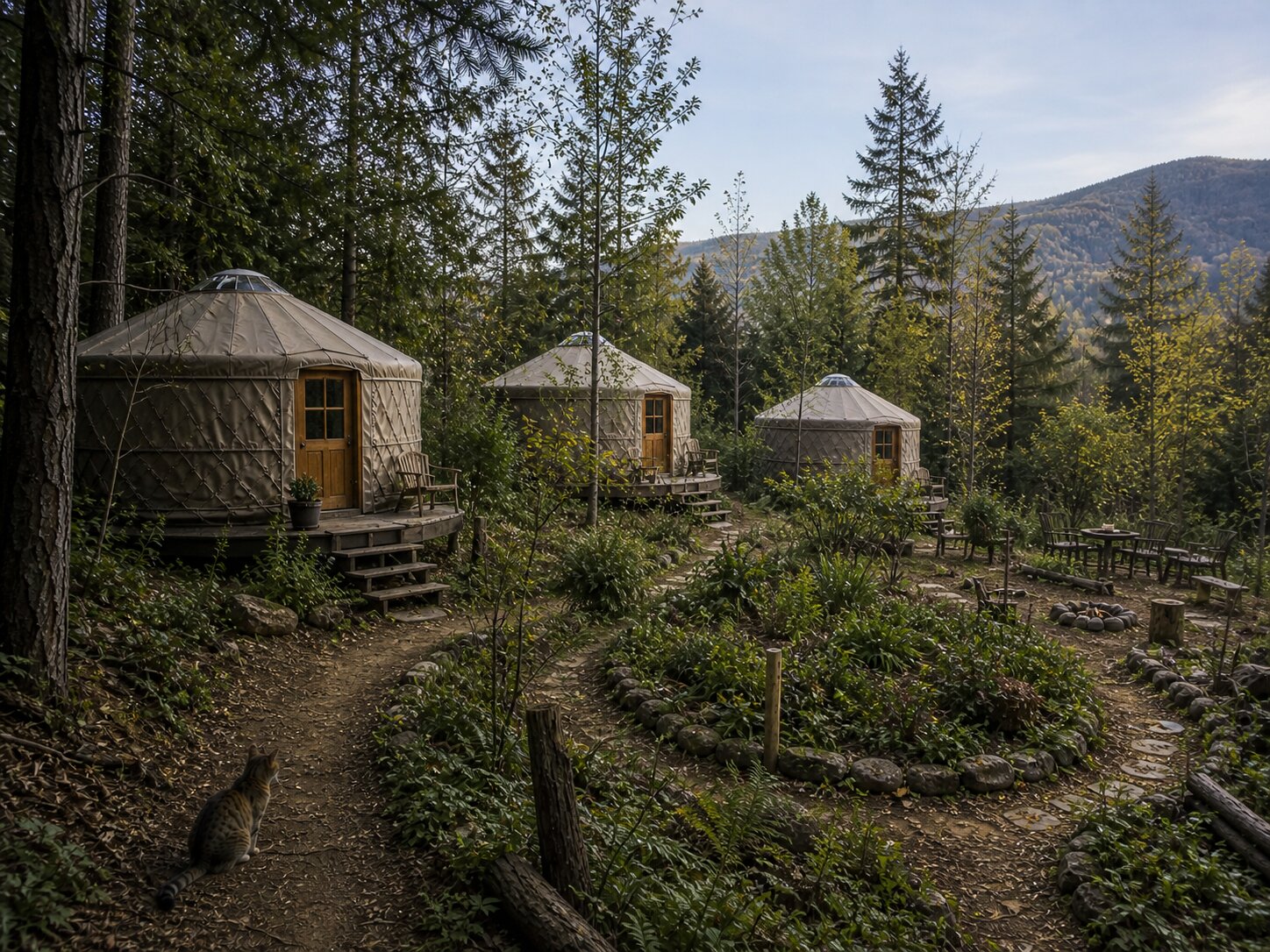 Yurt village nestled among the redwoods